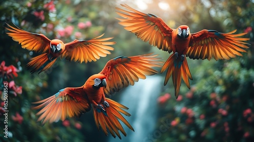 Macaws in flight over waterfall and lush forest