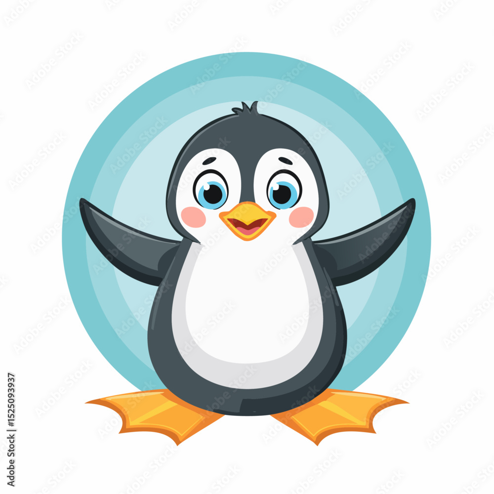 Naklejka premium Adorable cartoon penguin with open arms standing against a blue circular background