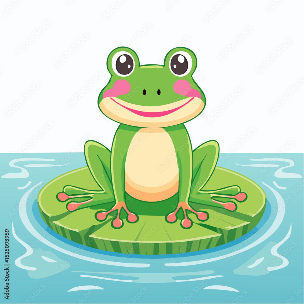 Obraz premium Cheerful cartoon frog sitting on a lily pad in the water with a happy expression