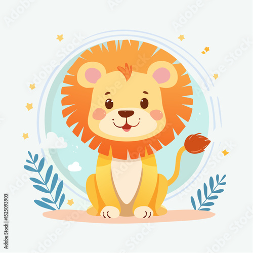 Adorable cartoon lion illustration with a big orange mane sitting peacefully
