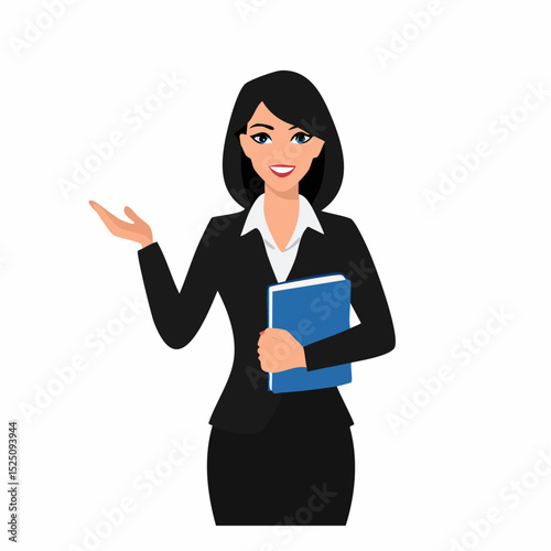 Attractive businesswoman in a black suit holding a blue notebook and gesturing with her hand.