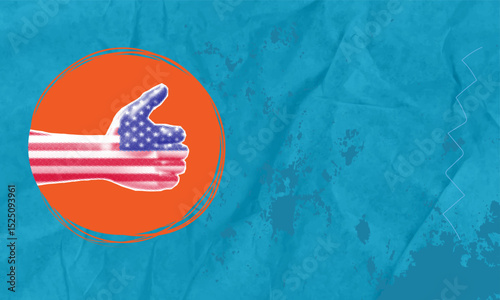 Trendy halftone pop art collage. Hand with american flag and silhouettes of people, parents and children in orange circle on blue background. Holiday concept. Celebrate Independence Day