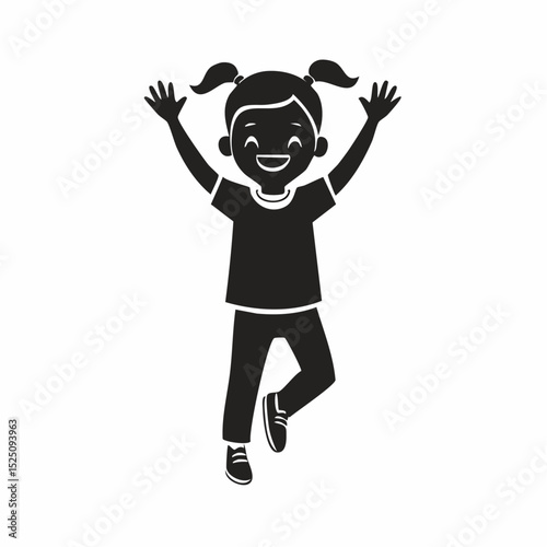 Cheerful vector illustration of a happy girl with pigtails jumping and smiling.