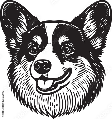 A detailed, stylized black and white illustration of a Corgi head.