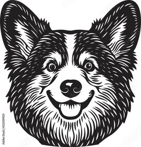 A detailed, black and white illustration of a happy Cardigan Welsh Corgi's head.