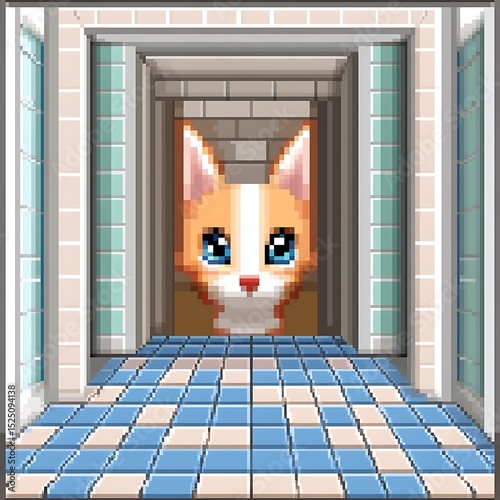 A pixelated cartoon cat peeks through an open doorway