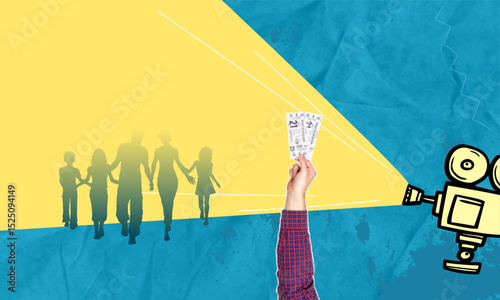 Trendy halftone pop art collage. Hand with cinema tickets. Silhouettes of people, parents and children against the background of a movie projector beam.
