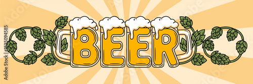 vibrant beer lettering with frothy mugs cascading foam and hops – suitable for beer festivals, advertising, or branding materials