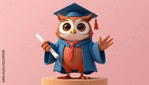 playful owl wearing a graduation robe, with a diploma, in an academic style, bright neutral tones