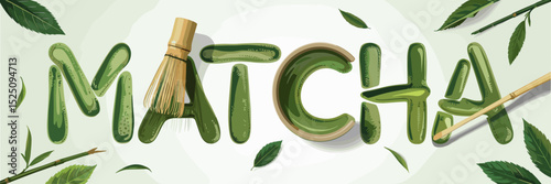 stylized matcha text with green tea powder and ceramic bowls – ideal for natural products, tea culture, or health and lifestyle branding
