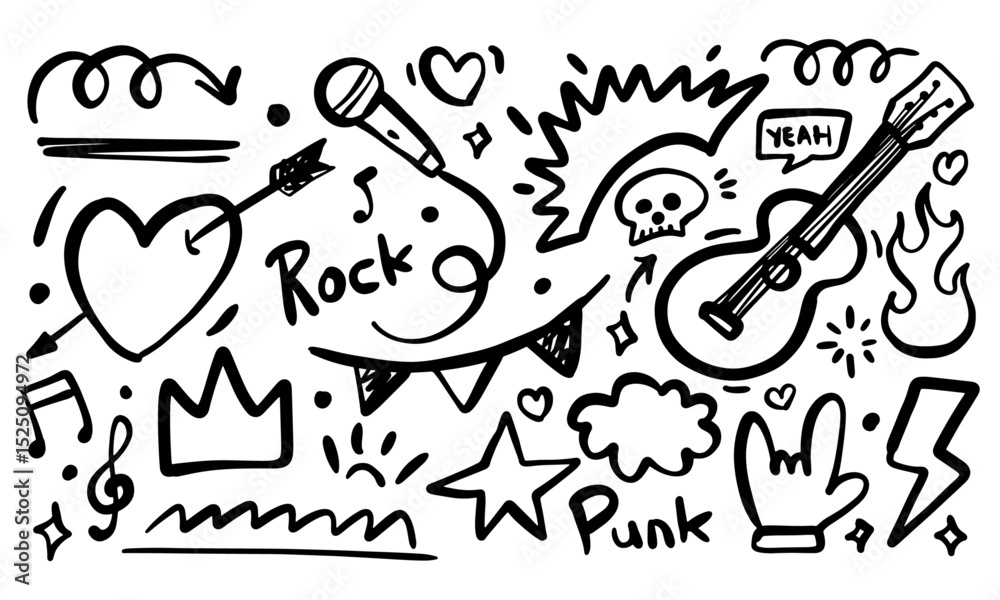 Obraz premium Doodle music with musical notes a guitar and the word punk.