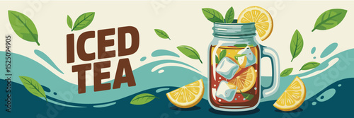 Refreshing iced tea in mason jar with lemon and ice cubes – Perfect for summer beverage ads, healthy lifestyle, or food and drink content.