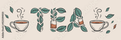 tea typography with delicate tea leaves teacups and steam on beige background – great for relaxation and tea culture content