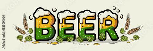 playful beer typography with frothy mugs hops and barley – perfect for brewery promotions, pub events, or beverage advertising