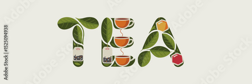 tea word illustration with teacups tea bags and leaves – ideal for tea branding and minimalist logo design