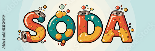 soda word vector with vintage soda cans condensation and fizzy bubbles – perfect for retro beverage branding and refreshment themes