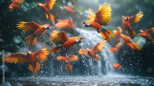Parrots in flight over waterfall
