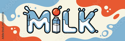 Playful vector milk typography with milk splashes, cartons, and cow spots on pastel background – Great for dairy ads, family products, or wholesome lifestyle content