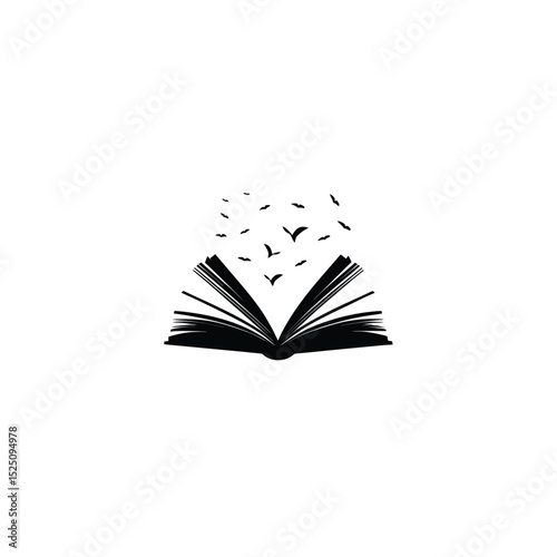 Flat silhouette of an open book with pages flying out on white background