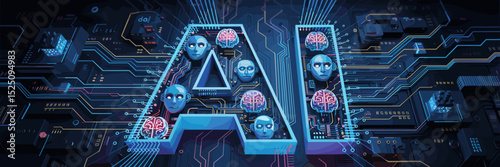 vibrant digital art featuring AI letters with neon blue circuits and robotic faces on dark background – perfect for advanced technology, artificial intelligence, or cyber themes