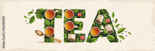 elegant tea lettering with stacked teacups loose tea leaves and gold teaspoon – suitable for vintage tea branding and lifestyle content