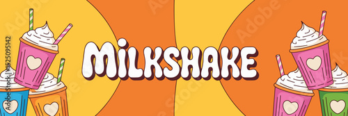 bubbly milkshake text with stacked colorful cups and whipped cream – perfect for sweets marketing, party invitations, or modern food design