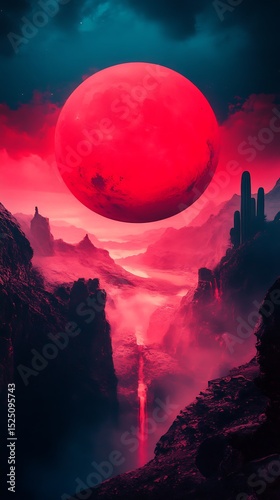 A vibrant red planet dominates a fantastical desert landscape