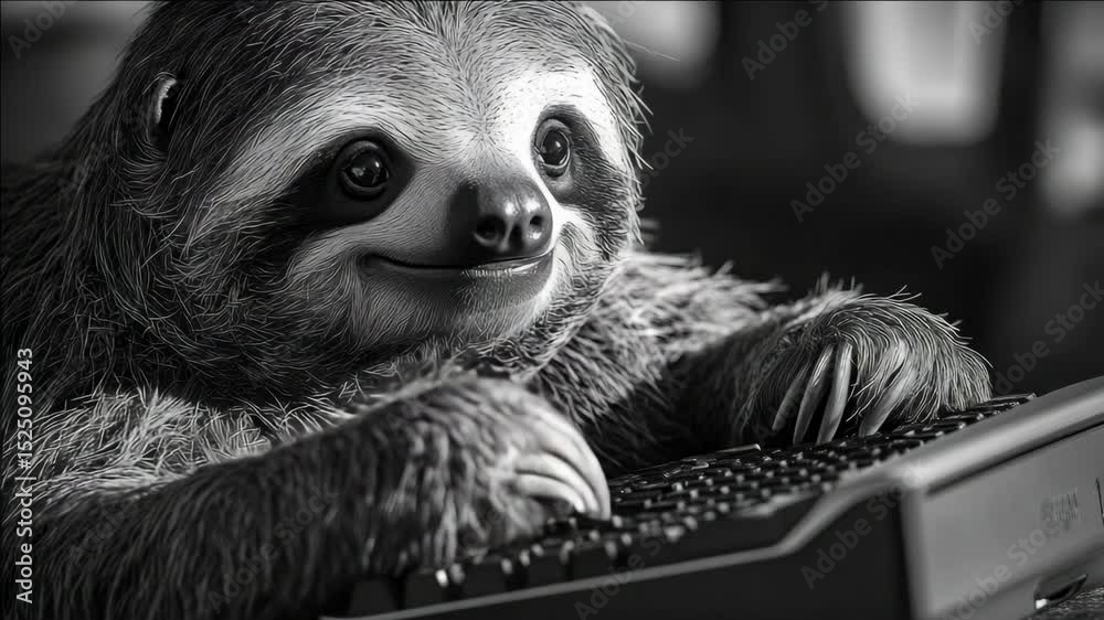 Adorable sloth typing on keyboard.