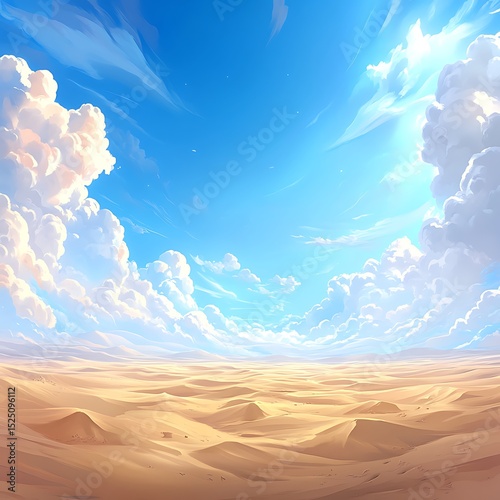 A bright and colorful depiction of a desert landscape and sky