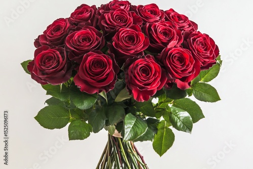 Red rose bouquet with lush green leaves on white background photo