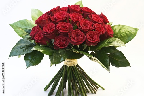 Red rose bouquet with lush green leaves on white background photo