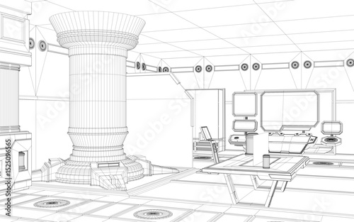 A drawing of a room with a large, white object in the center. The room is empty and has a modern, minimalist design