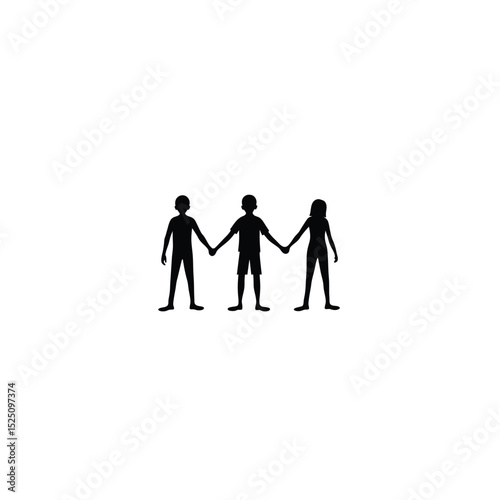 Flat silhouette of three people holding hands in a group formation on white background