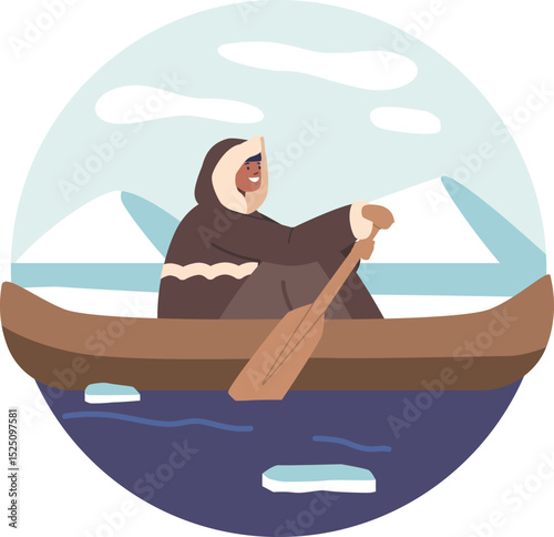 Traditional Eskimo man kayaking vector illustration