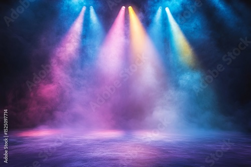 colorful spotlight stage with atmospheric fog and vibrant dramatic lighting effects photo