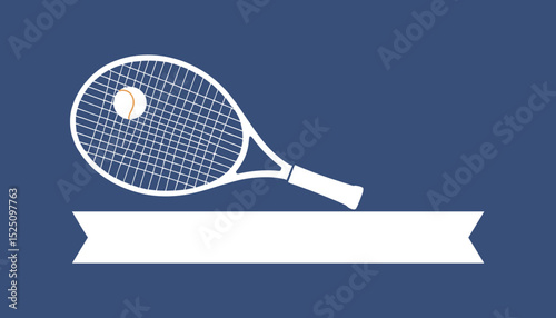 Flat Tennis Racket and Ball Icon on Blue Background with Blank Banner. copy space