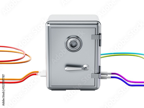 USB cables connected to steel safe on transparent background. 3D illustration