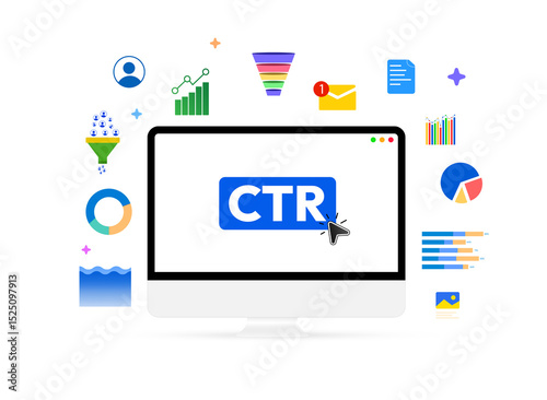 Click through rate concept background design with computer screen and floating shapes around, ctr, business, finance, graph, leads, funnels