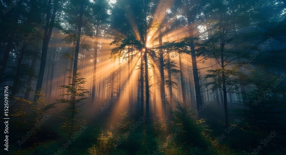 Obraz premium Sunlight piercing through misty forest trees