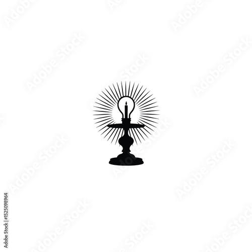 Minimal silhouette of a bulb on a pedestal with rays emanating upward on white background