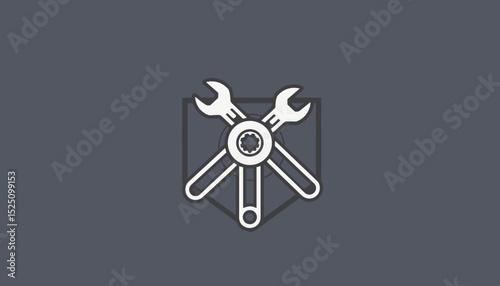 Flat Vector Emblem of Mechanical Tools on Shield Background