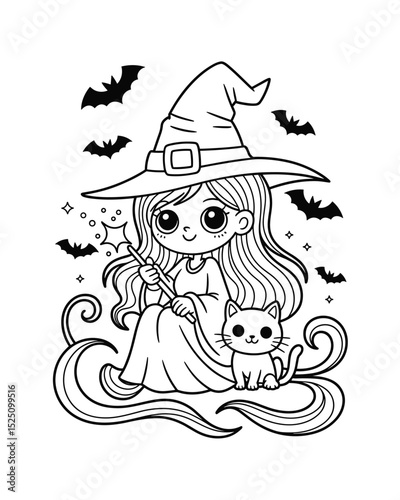 Halloween Broomstick Witch casting magical spell Vector illustration