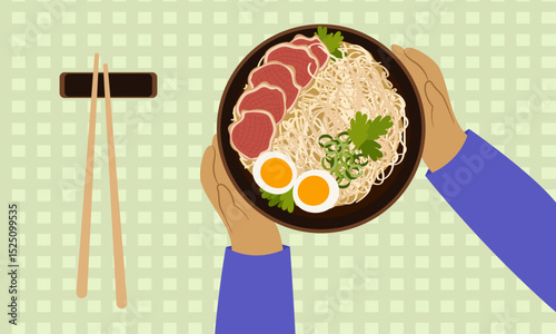 Chinese or Korean ramen noodles with bacon and egg. Asian cuisine. Delicious Japanese food. Top view