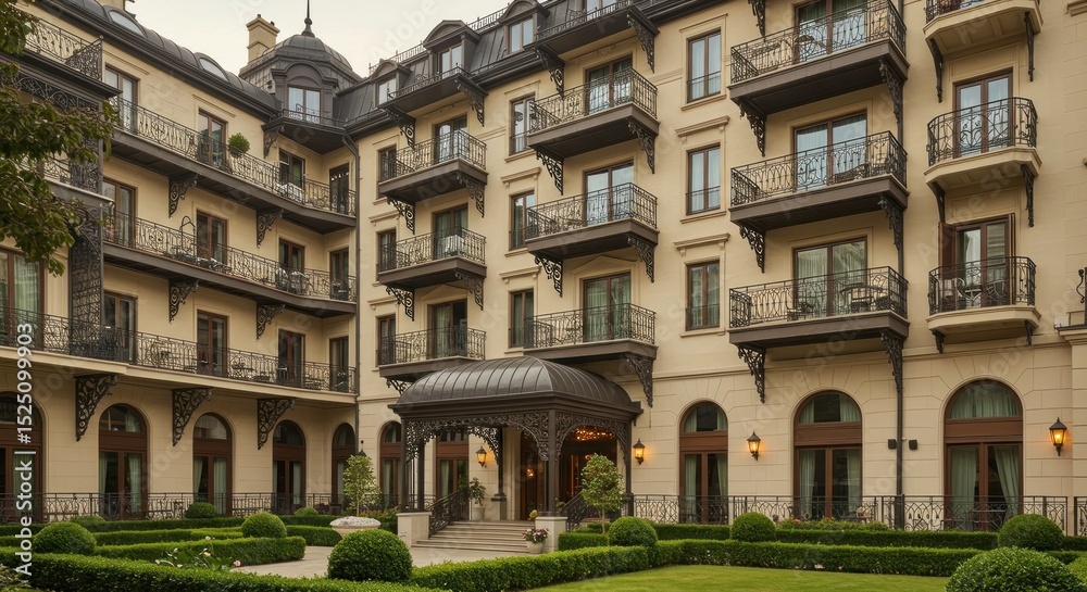 Fototapeta premium Elegant building with iron balconies awnings