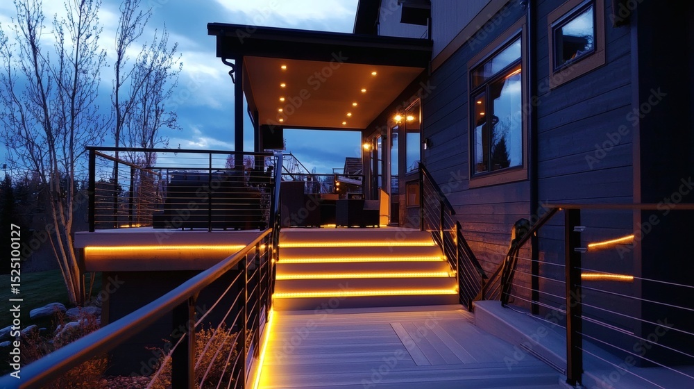 Fototapeta premium 67. Ambient lighting wrapped around railing of elevated patio