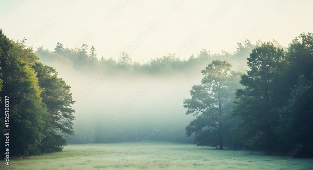 Fototapeta premium Misty forest lake in early morning with reflection