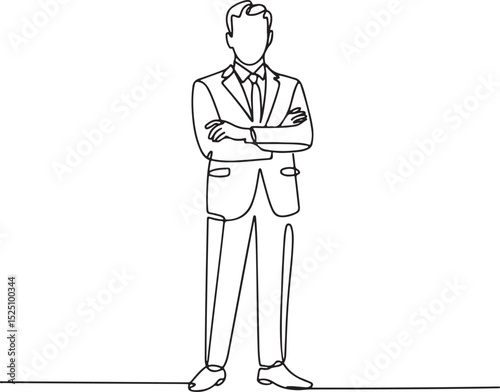 Continuous single line sketch of a confident businessman standing with crossed arms in minimalist outline drawing style

