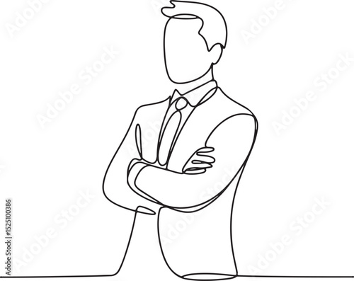 Continuous single line sketch of a confident businessman standing with crossed arms in minimalist outline drawing style


