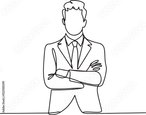 Continuous single line sketch of a confident businessman standing with crossed arms in minimalist outline drawing style

