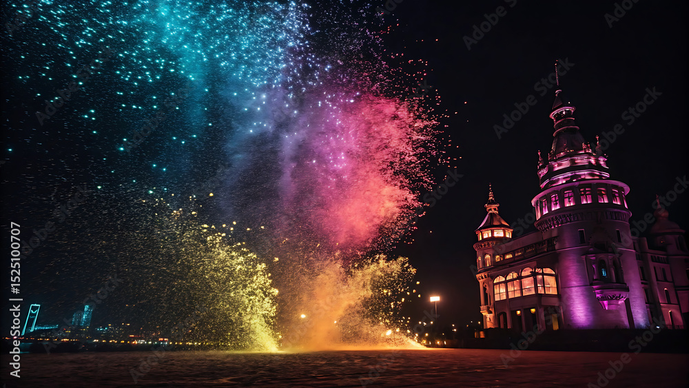 Fototapeta premium Spectacular Nighttime Fireworks Display Over Castle Against Dark Sky with City Skyline in Distance Wall Art